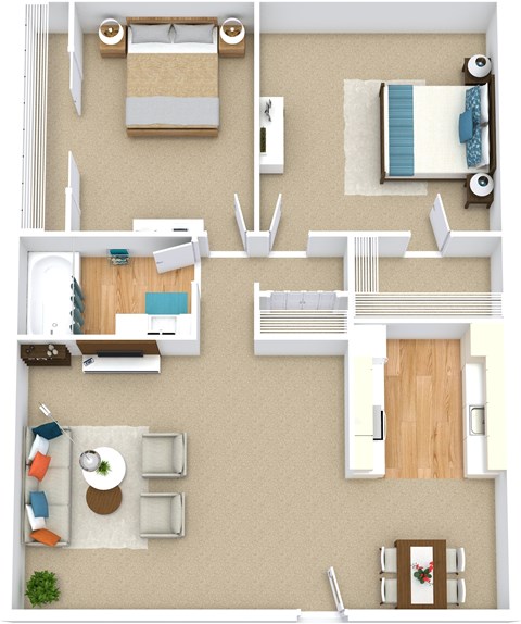 A top-down view of a house layout with a kitchen, living room, and bedrooms.